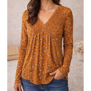 Lucky Brand Boho Floral V Neck Long Sleeve Top Lightweight Women’s M